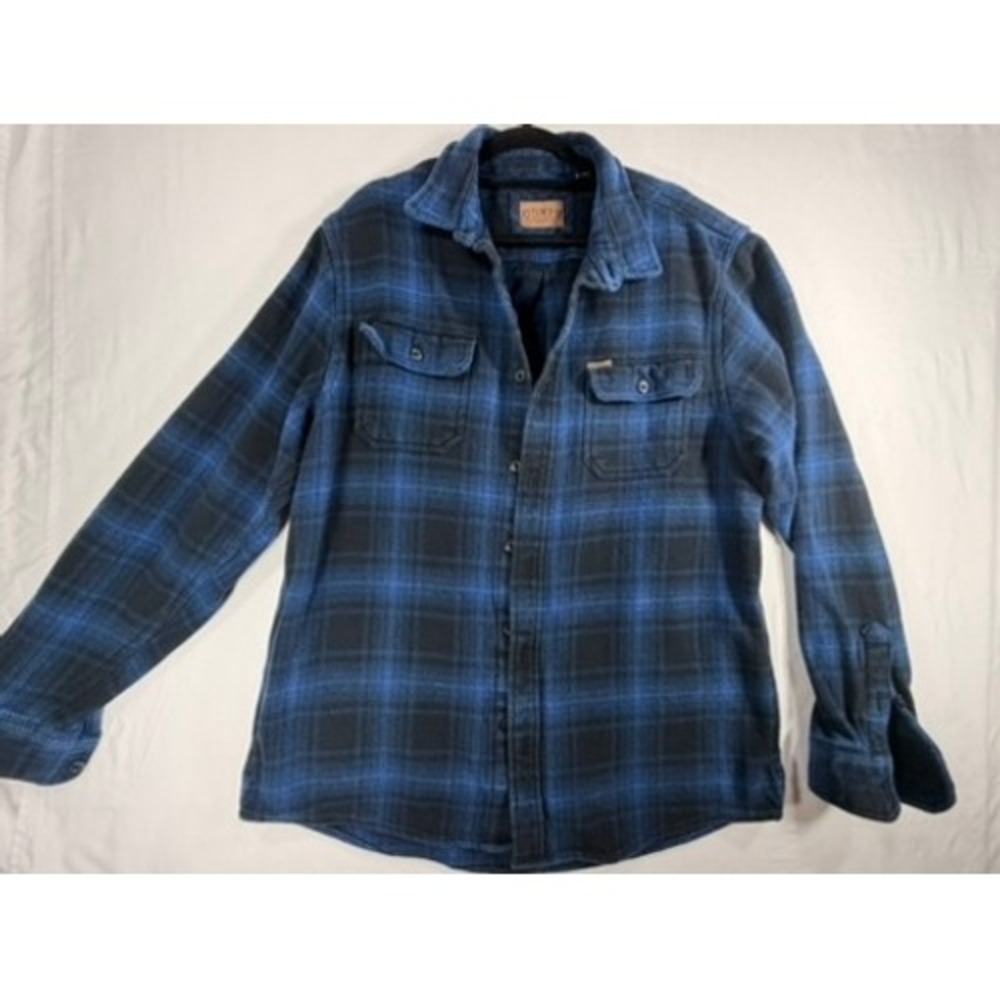 Orvis Flannel Shirt Men Large Blue Black Excellent Heavyweight Plaid Cotton